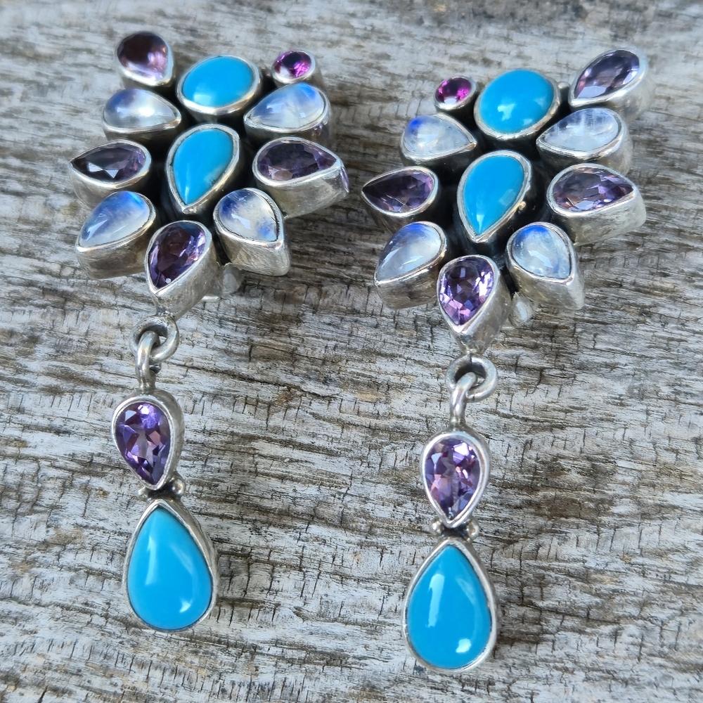 Nicky Butler 925 Sterling Silver Clip-on Turquoise Moonstone Amethyst Earrings - Picture 3 of 15